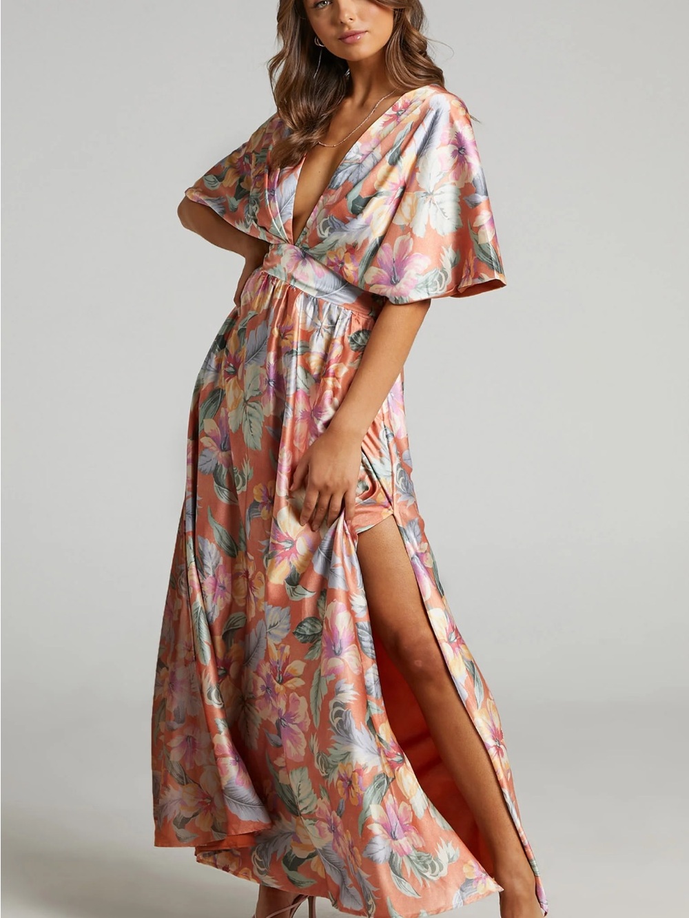 Showpo Coral Floral V-Neck Maxi Dress with Side Slit